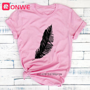 2022 Women Casual Harajuku Fashion T-shirt Feather Print Loose O-neck Short Sleeve Elastic Stretched Summer Home New Tee Shirt