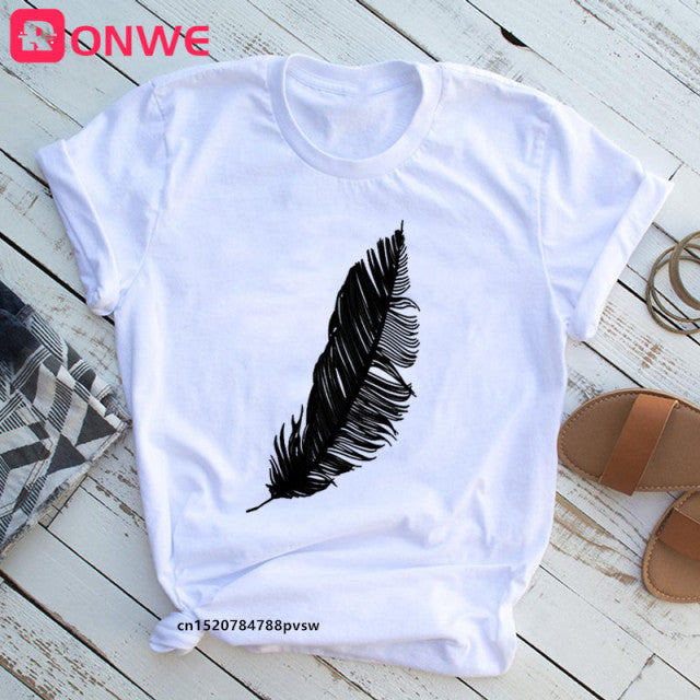 2022 Women Casual Harajuku Fashion T-shirt Feather Print Loose O-neck Short Sleeve Elastic Stretched Summer Home New Tee Shirt