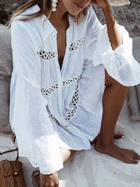 2022 Women Swimsuit Cover Up Sleeve Kaftan Beach Tunic Dress Robe De Plage Solid White Cotton Pareo  High Collar Beachwear