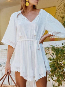 2022 Women Swimsuit Cover Up Sleeve Kaftan Beach Tunic Dress Robe De Plage Solid White Cotton Pareo  High Collar Beachwear