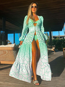 2022 Women Swimsuit Cover Up Sleeve Kaftan Beach Tunic Dress Robe De Plage Solid White Cotton Pareo  High Collar Beachwear