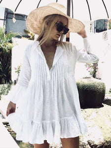 2022 Women Swimsuit Cover Up Sleeve Kaftan Beach Tunic Dress Robe De Plage Solid White Cotton Pareo  High Collar Beachwear