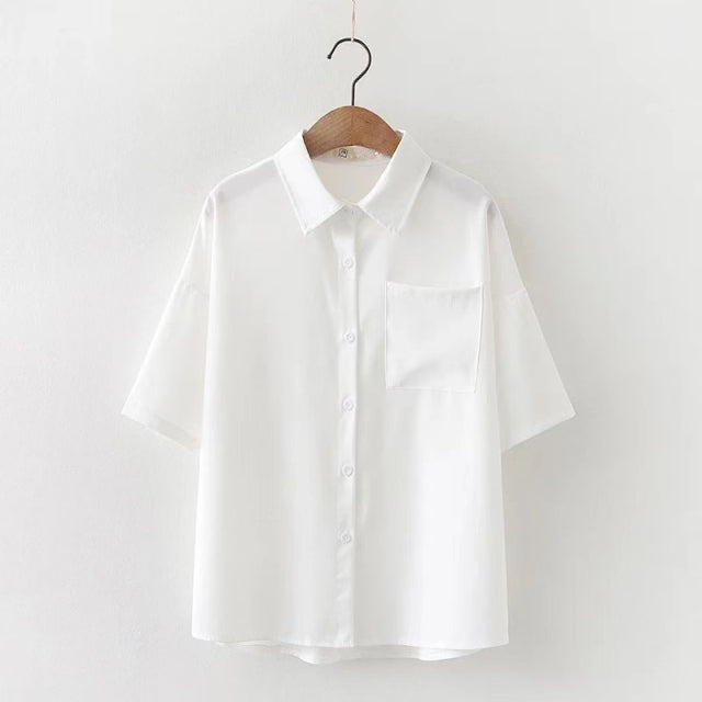 2022 Women White Blouses Short Sleeve White Shirt Summer Tops Lapel Solid JK Shirts Korean Casual Female Blusas Preppy Style