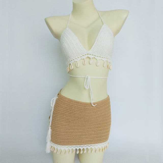 3pcs Bikini Set Woman Crochet Shell Tassel Bikini Top And Seashell Ankle Chain Sexy Beach Skirt Lace See Through Slim Mini Skirt