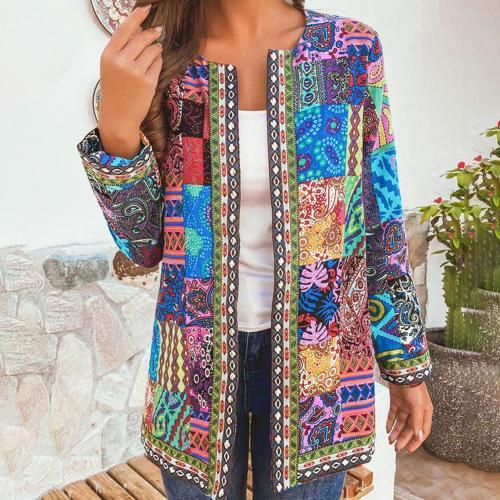 6XL Jacket Coat Women Fashion Summer Autumn Ethnic Floral Print Long Sleeve Loose Jacket Coat Cardigan Loose Outerwear Chic Top