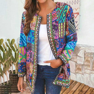 6XL Jacket Coat Women Fashion Summer Autumn Ethnic Floral Print Long Sleeve Loose Jacket Coat Cardigan Loose Outerwear Chic Top