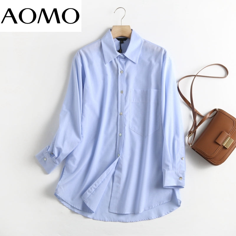 AOMO 2021 Autumn Women High Quality 95% Cotton Shirt Blouse Long Sleeve Chic Female Office Lady Tops 6D103A