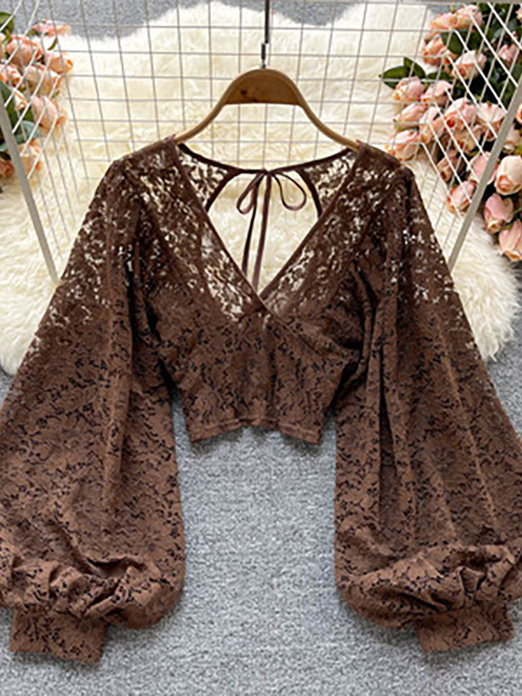 Autumn Black/White/Brown Sexy Lace Blouse Women Elegant V-Neck Puff Long Sleeve Open Back Short Tops Female Party Blusas 2021