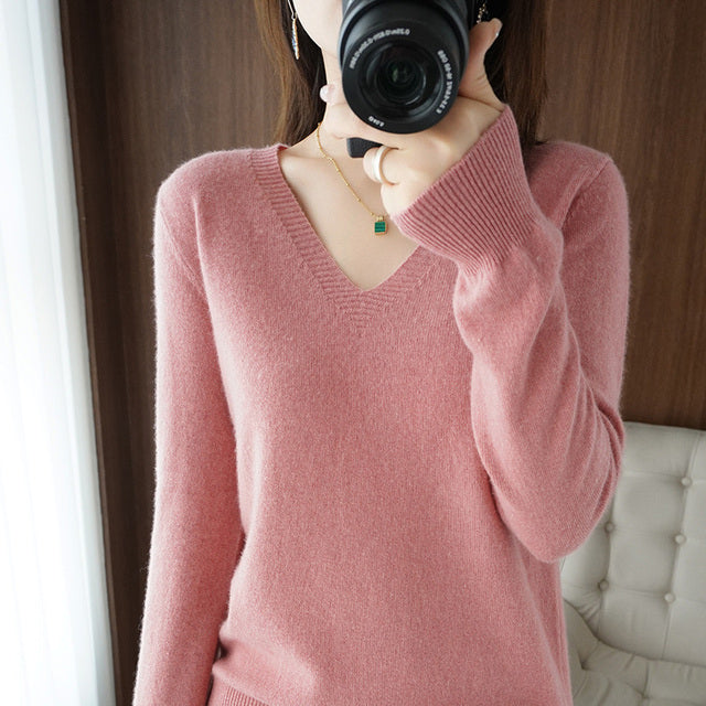 Autumn Winter New Cashmere Sweater Women Keep Warm V-neck Pullovers Knitting Sweater Fashion Korean Long Sleeve Loose Tops