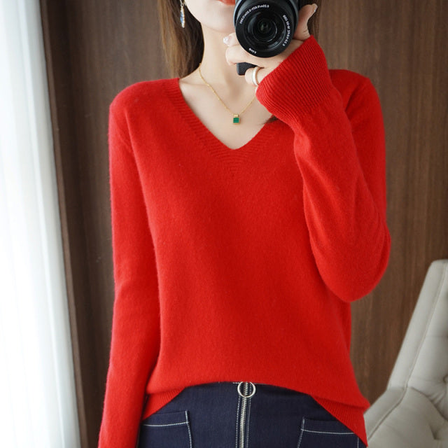 Autumn Winter New Cashmere Sweater Women Keep Warm V-neck Pullovers Knitting Sweater Fashion Korean Long Sleeve Loose Tops