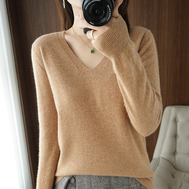 Autumn Winter New Cashmere Sweater Women Keep Warm V-neck Pullovers Knitting Sweater Fashion Korean Long Sleeve Loose Tops