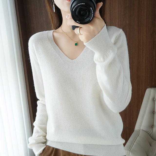 Autumn Winter New Cashmere Sweater Women Keep Warm V-neck Pullovers Knitting Sweater Fashion Korean Long Sleeve Loose Tops