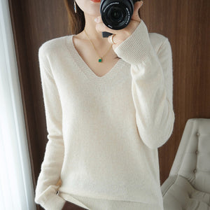 Autumn Winter New Cashmere Sweater Women Keep Warm V-neck Pullovers Knitting Sweater Fashion Korean Long Sleeve Loose Tops