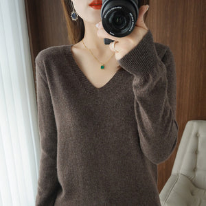 Autumn Winter New Cashmere Sweater Women Keep Warm V-neck Pullovers Knitting Sweater Fashion Korean Long Sleeve Loose Tops