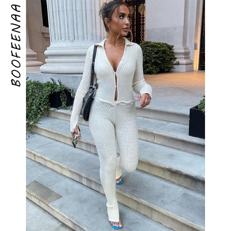 BOOFEENAA Button Ribbed Knitted Jumpsuit Two Piece Set Fall Winter Clothes Sexy White Long Sleeve Bodycon Jumpsuits C88-GE43