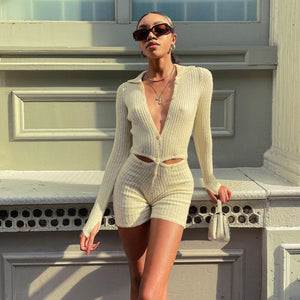 BOOFEENAA Button Ribbed Knitted Jumpsuit Two Piece Set Fall Winter Clothes Sexy White Long Sleeve Bodycon Jumpsuits C88-GE43