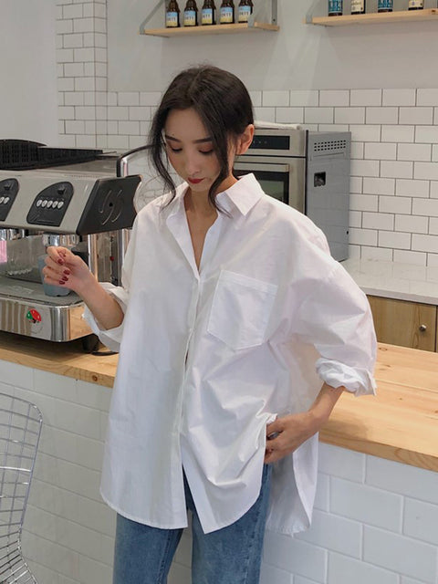 Beiyingni 2022 Spring Autumn Women Shirts White Plain Loose Oversized Blouses Female Tops Loose BF Korean Style Blusas Pockets