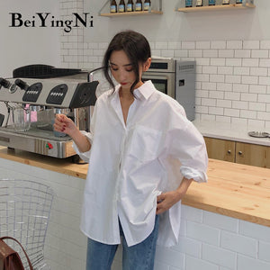 Beiyingni 2022 Spring Autumn Women Shirts White Plain Loose Oversized Blouses Female Tops Loose BF Korean Style Blusas Pockets