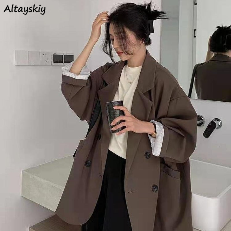 Blazers Women Minimalist Solid Outwear Loose Elegant Retro Official Fashion High Street Feminine All-match Spring Comfortable