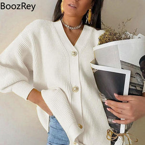 BoozRey White Knitted Sweater Cardigan for women V-neck Long Sleeve Casual Fashion Single-breasted Jacket Cardigans y2k clothes