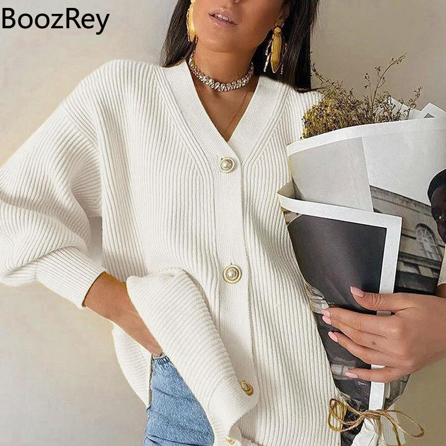 BoozRey White Knitted Sweater Cardigan for women V-neck Long Sleeve Casual Fashion Single-breasted Jacket Cardigans y2k clothes