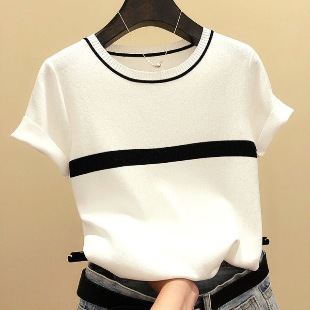 Camisetas Mujer 2021 Thin Knitted T Shirt Women Short Sleeve Summer Tops Woman Clothes Striped Fashion T-Shirt Tee Shirt Femme