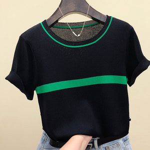 Camisetas Mujer 2021 Thin Knitted T Shirt Women Short Sleeve Summer Tops Woman Clothes Striped Fashion T-Shirt Tee Shirt Femme