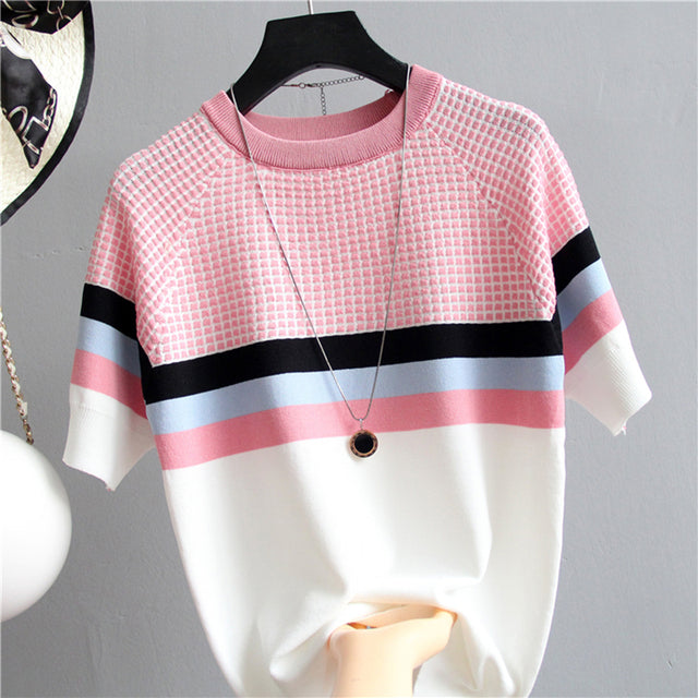 Camisetas Mujer 2021 Thin Knitted T Shirt Women Short Sleeve Summer Tops Woman Clothes Striped Fashion T-Shirt Tee Shirt Femme