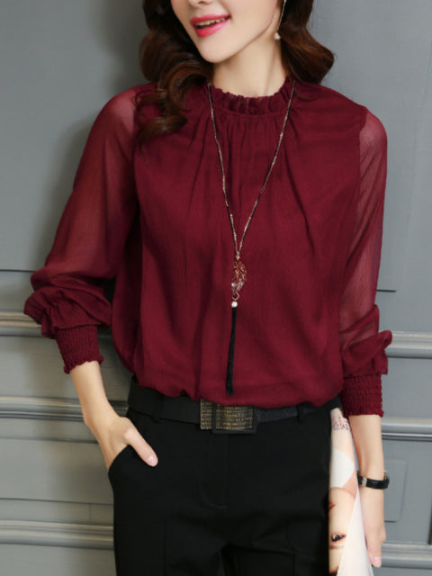 Chiffon Blouse New Women Tops Long Sleeve Stand Neck Work Wear Shirts Elegant Lady Casual Blouses women&#39;s blusas clothe