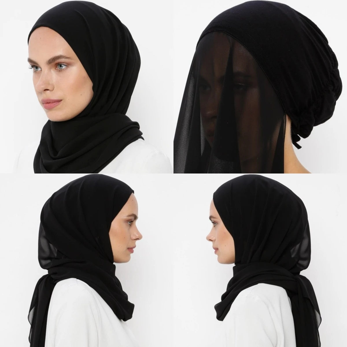 Chiffon Hijab With Bonnet Elastic Rope Cap Bubble Heavy Solid Color Inner Scarf Headband Stretch Hijab Cover Headwrap Turbante