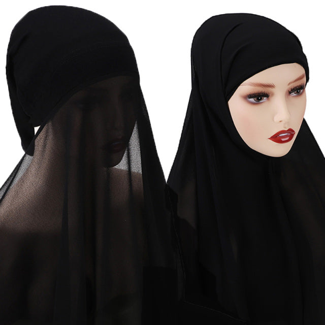 Chiffon Hijab With Bonnet Elastic Rope Cap Bubble Heavy Solid Color Inner Scarf Headband Stretch Hijab Cover Headwrap Turbante