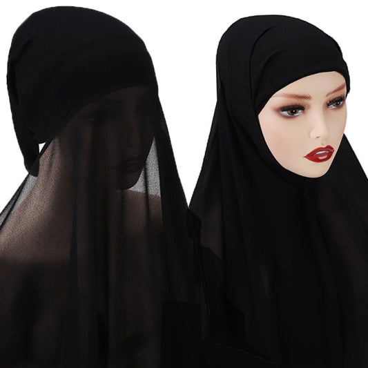Chiffon Hijab With Bonnet Elastic Rope Cap Bubble Heavy Solid Color Inner Scarf Headband Stretch Hijab Cover Headwrap Turbante