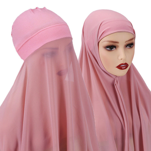 Chiffon Hijab With Bonnet Elastic Rope Cap Bubble Heavy Solid Color Inner Scarf Headband Stretch Hijab Cover Headwrap Turbante