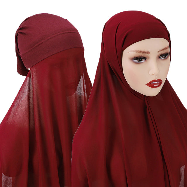 Chiffon Hijab With Bonnet Elastic Rope Cap Bubble Heavy Solid Color Inner Scarf Headband Stretch Hijab Cover Headwrap Turbante