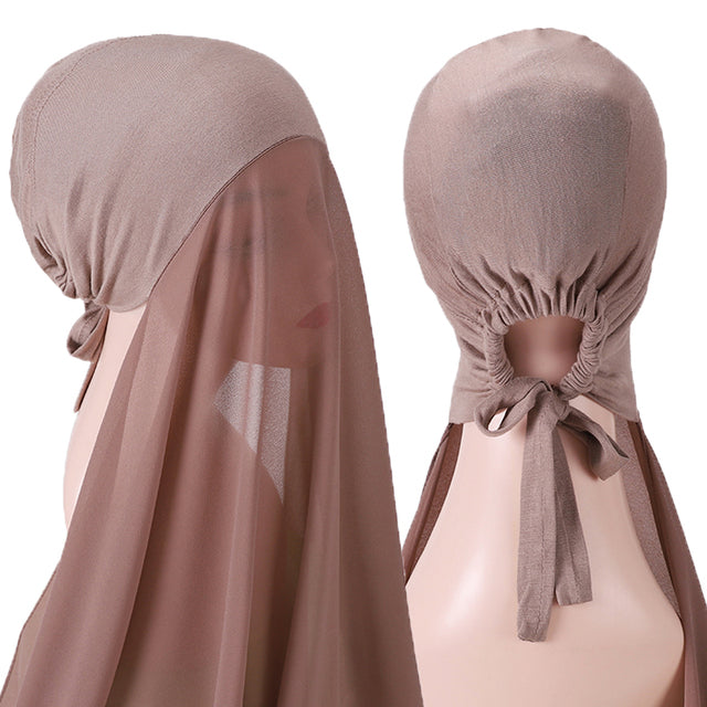 Chiffon Hijab With Bonnet Elastic Rope Cap Bubble Heavy Solid Color Inner Scarf Headband Stretch Hijab Cover Headwrap Turbante