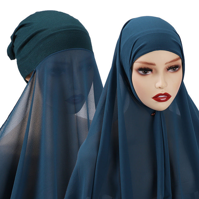 Chiffon Hijab With Bonnet Elastic Rope Cap Bubble Heavy Solid Color Inner Scarf Headband Stretch Hijab Cover Headwrap Turbante