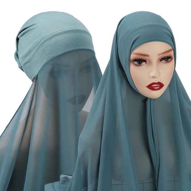 Chiffon Hijab With Bonnet Elastic Rope Cap Bubble Heavy Solid Color Inner Scarf Headband Stretch Hijab Cover Headwrap Turbante