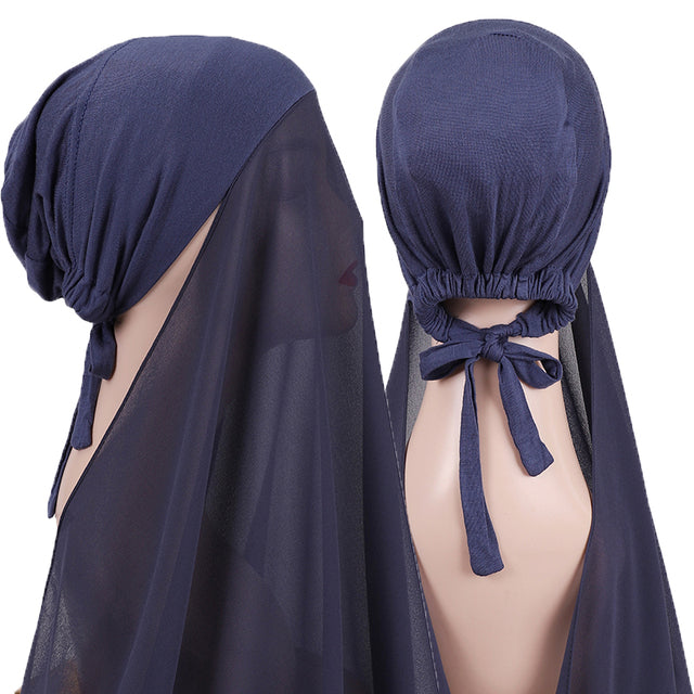 Chiffon Hijab With Bonnet Elastic Rope Cap Bubble Heavy Solid Color Inner Scarf Headband Stretch Hijab Cover Headwrap Turbante
