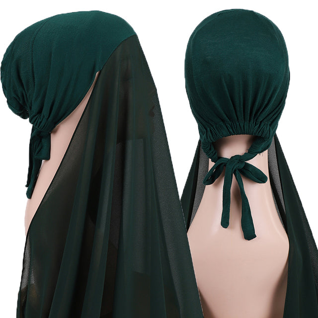 Chiffon Hijab With Bonnet Elastic Rope Cap Bubble Heavy Solid Color Inner Scarf Headband Stretch Hijab Cover Headwrap Turbante