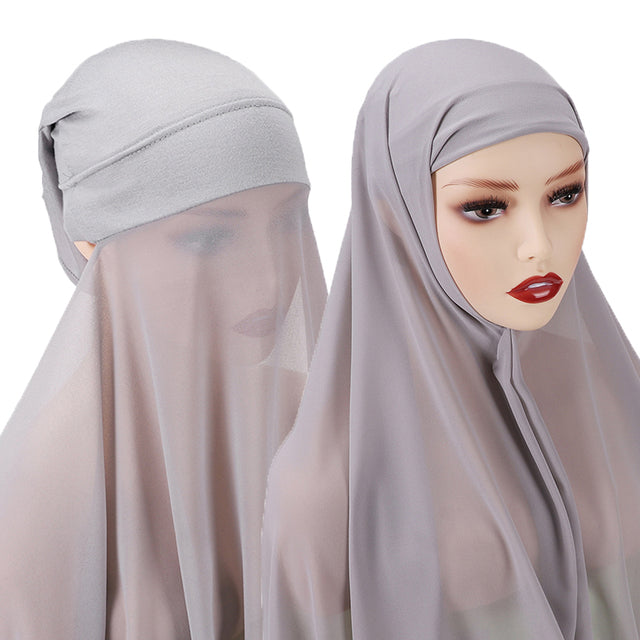 Chiffon Hijab With Bonnet Elastic Rope Cap Bubble Heavy Solid Color Inner Scarf Headband Stretch Hijab Cover Headwrap Turbante