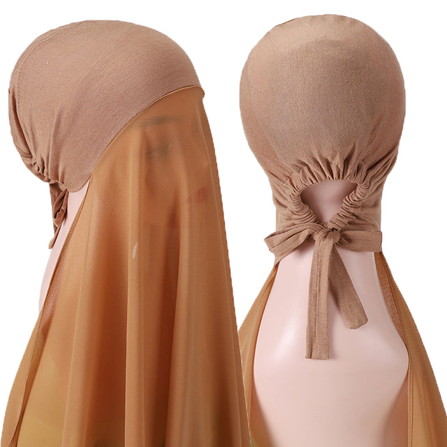 Chiffon Hijab With Bonnet Elastic Rope Cap Bubble Heavy Solid Color Inner Scarf Headband Stretch Hijab Cover Headwrap Turbante