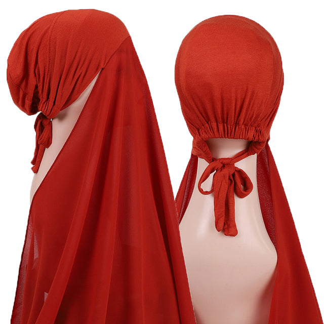 Chiffon Hijab With Bonnet Elastic Rope Cap Bubble Heavy Solid Color Inner Scarf Headband Stretch Hijab Cover Headwrap Turbante