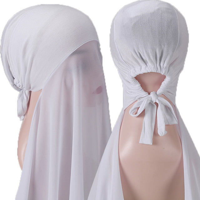 Chiffon Hijab With Bonnet Elastic Rope Cap Bubble Heavy Solid Color Inner Scarf Headband Stretch Hijab Cover Headwrap Turbante