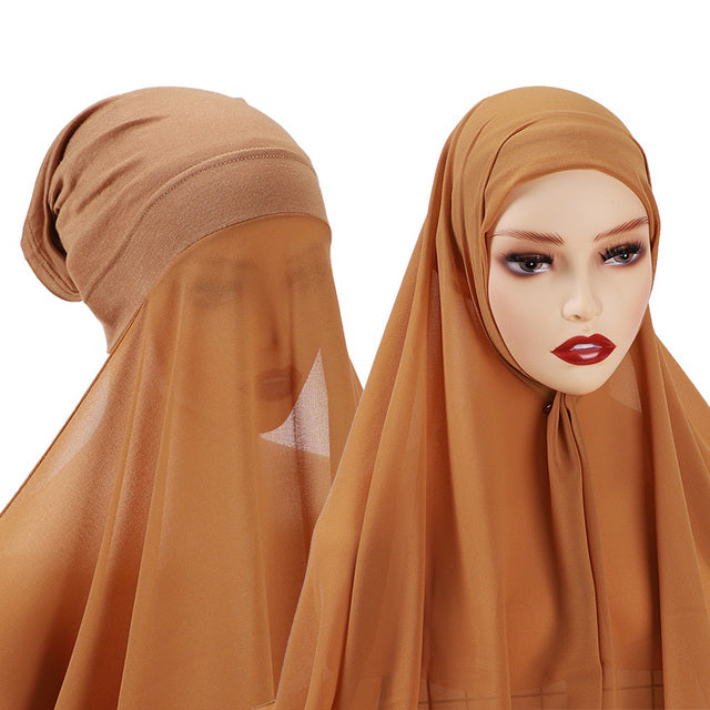 Chiffon Hijab With Bonnet Elastic Rope Cap Bubble Heavy Solid Color Inner Scarf Headband Stretch Hijab Cover Headwrap Turbante