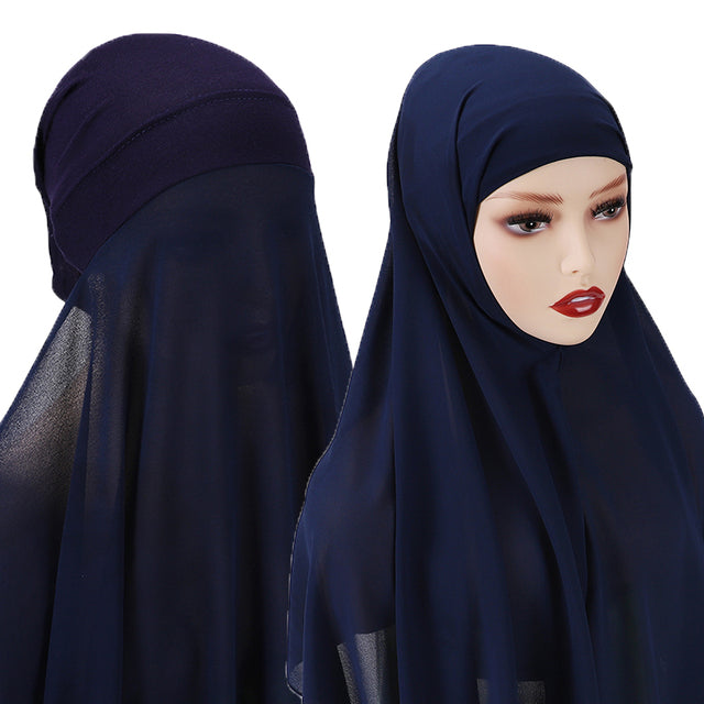 Chiffon Hijab With Bonnet Elastic Rope Cap Bubble Heavy Solid Color Inner Scarf Headband Stretch Hijab Cover Headwrap Turbante