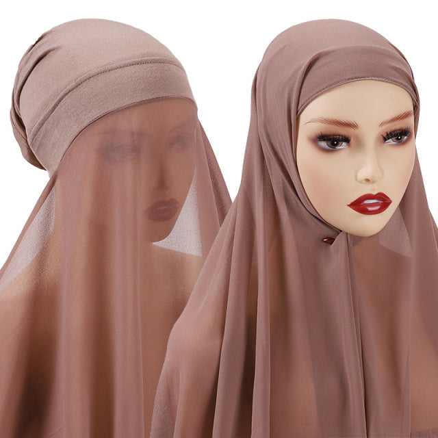 Chiffon Hijab With Bonnet Elastic Rope Cap Bubble Heavy Solid Color Inner Scarf Headband Stretch Hijab Cover Headwrap Turbante