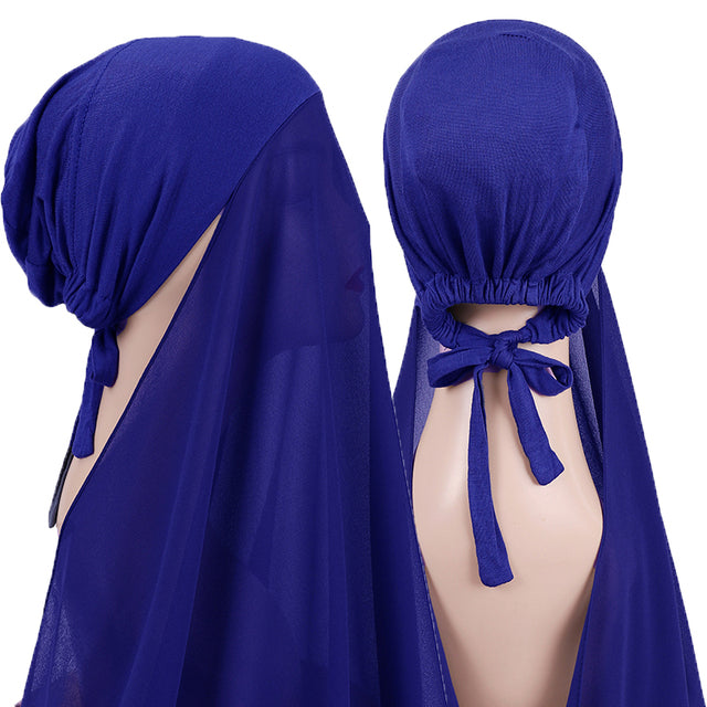 Chiffon Hijab With Bonnet Elastic Rope Cap Bubble Heavy Solid Color Inner Scarf Headband Stretch Hijab Cover Headwrap Turbante