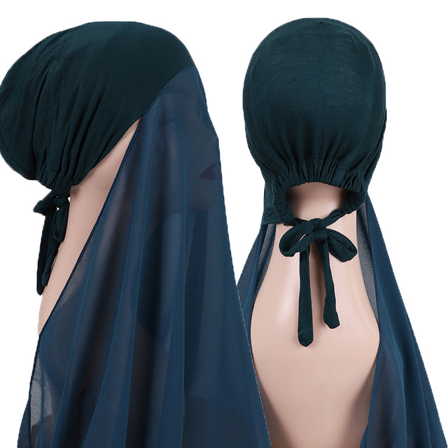 Chiffon Hijab With Bonnet Elastic Rope Cap Bubble Heavy Solid Color Inner Scarf Headband Stretch Hijab Cover Headwrap Turbante