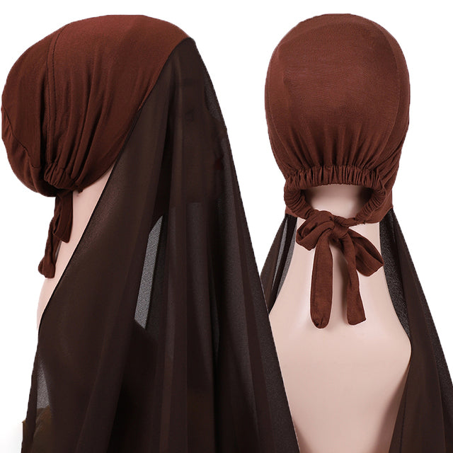 Chiffon Hijab With Bonnet Elastic Rope Cap Bubble Heavy Solid Color Inner Scarf Headband Stretch Hijab Cover Headwrap Turbante