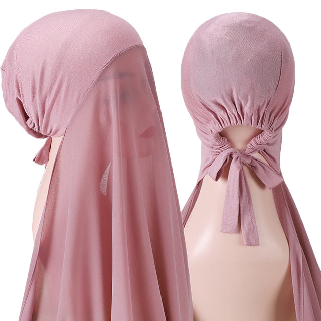 Chiffon Hijab With Bonnet Elastic Rope Cap Bubble Heavy Solid Color Inner Scarf Headband Stretch Hijab Cover Headwrap Turbante